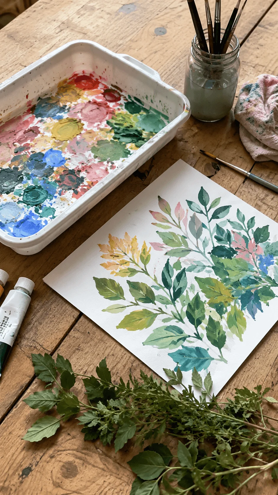 Upcycled painting palette ideas using reusable materials and nature inspired leaf artwork