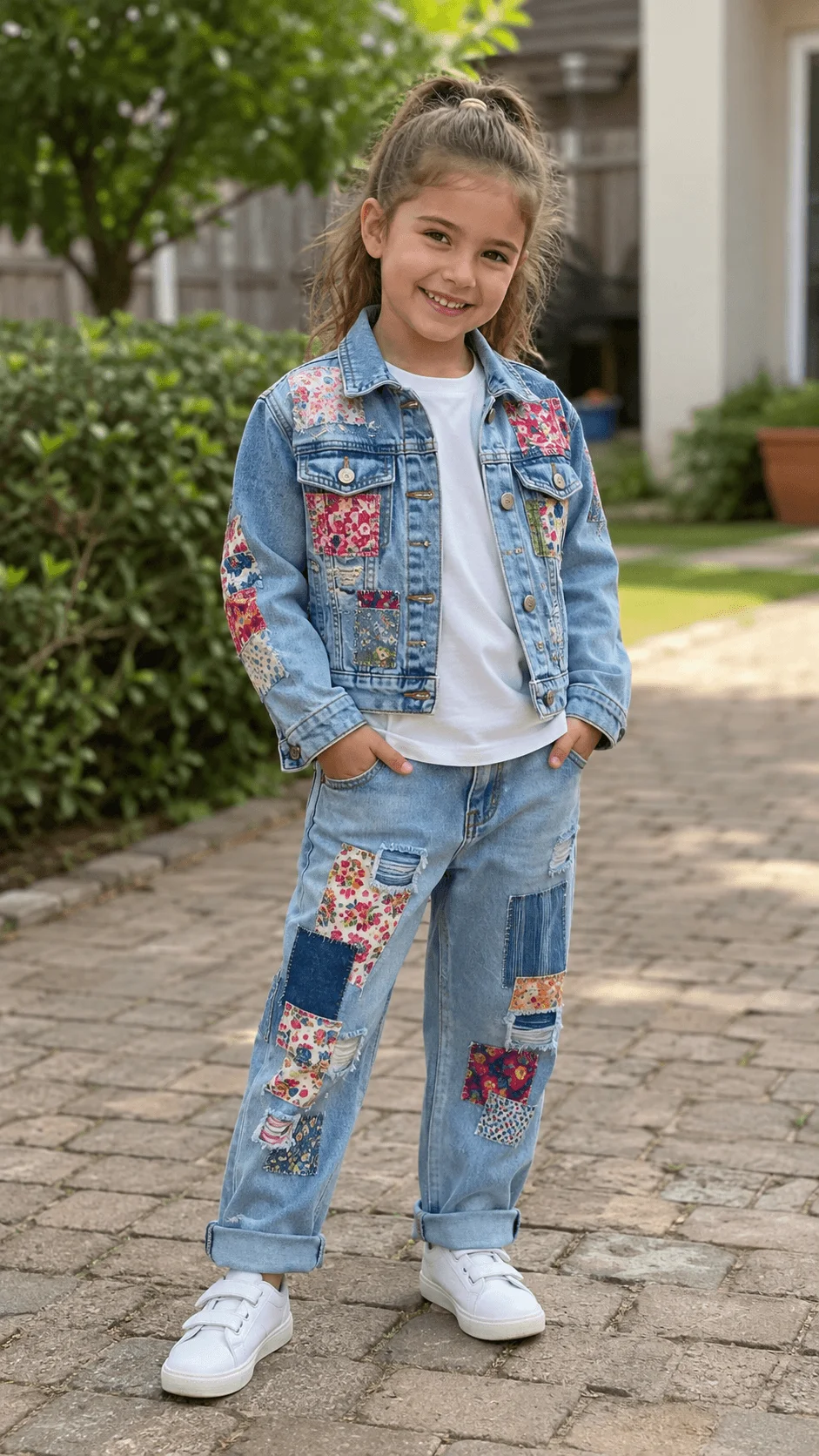 Young girl wearing a patchwork denim jacket and jeans with a white shirt and white sneakers outdoors