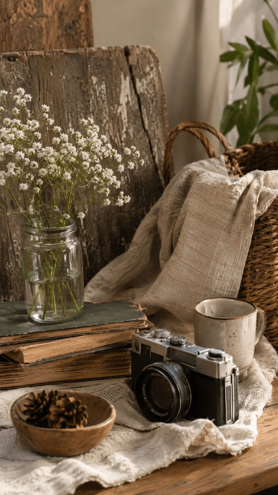 Upcycled photography props with a vintage camera, old books, a glass jar of flowers, woven basket, linen fabric, ceramic cup, and wooden bowl arranged in a rustic setting