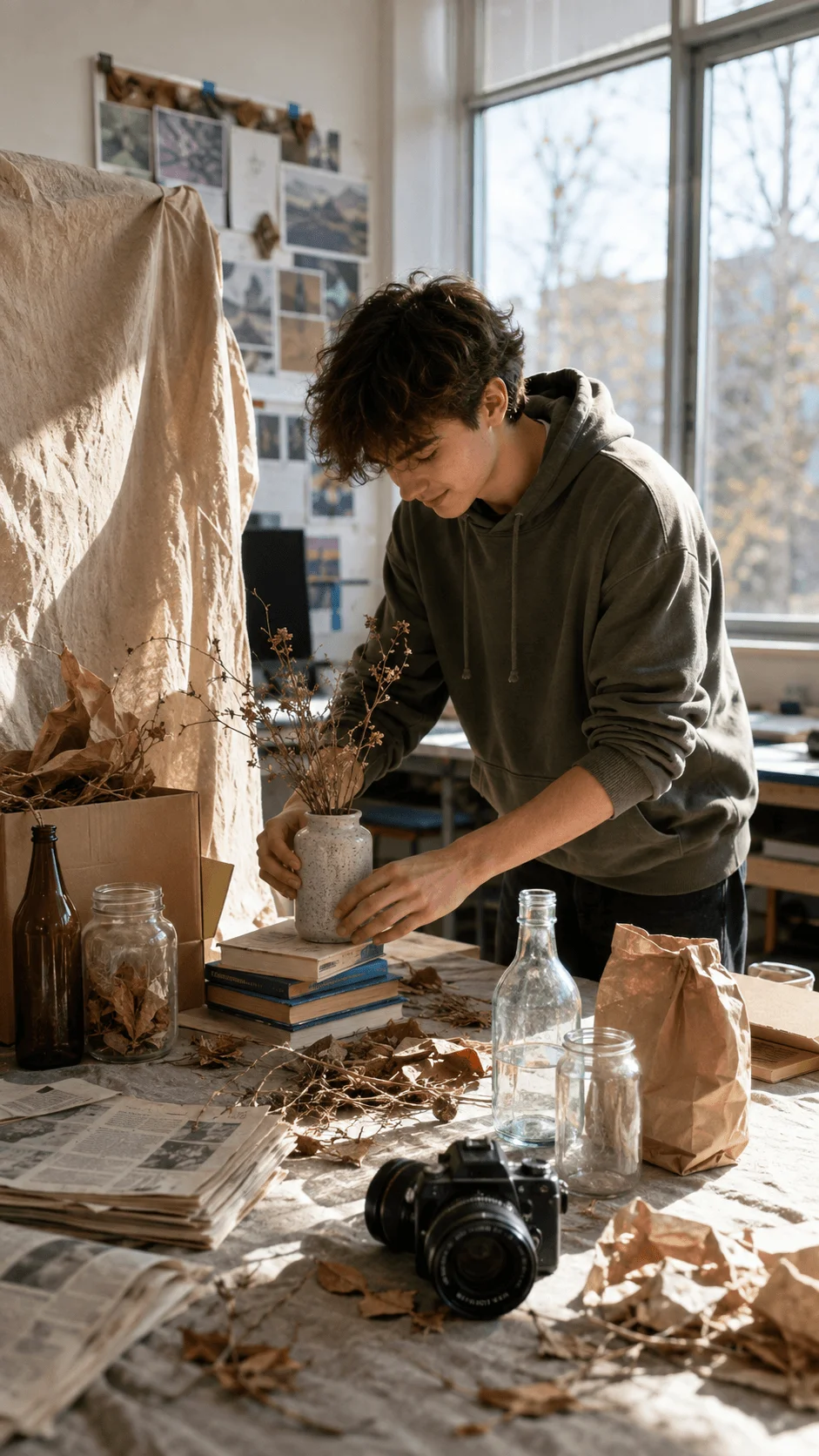 Photographer creating an eco friendly setup with upcycled props dried plants glass jars and natural materials in a studio space