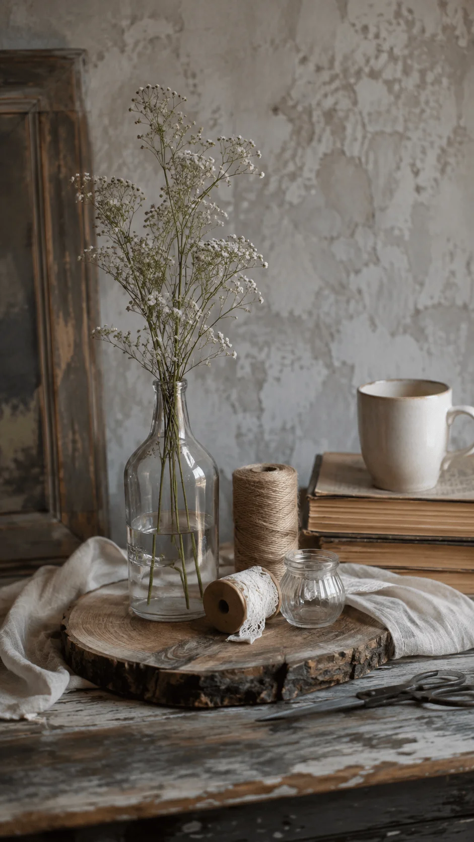 Upcycled prop photography featuring dried flowers in a glass bottle, vintage books, natural twine, lace, and rustic wooden textures in a cozy setting