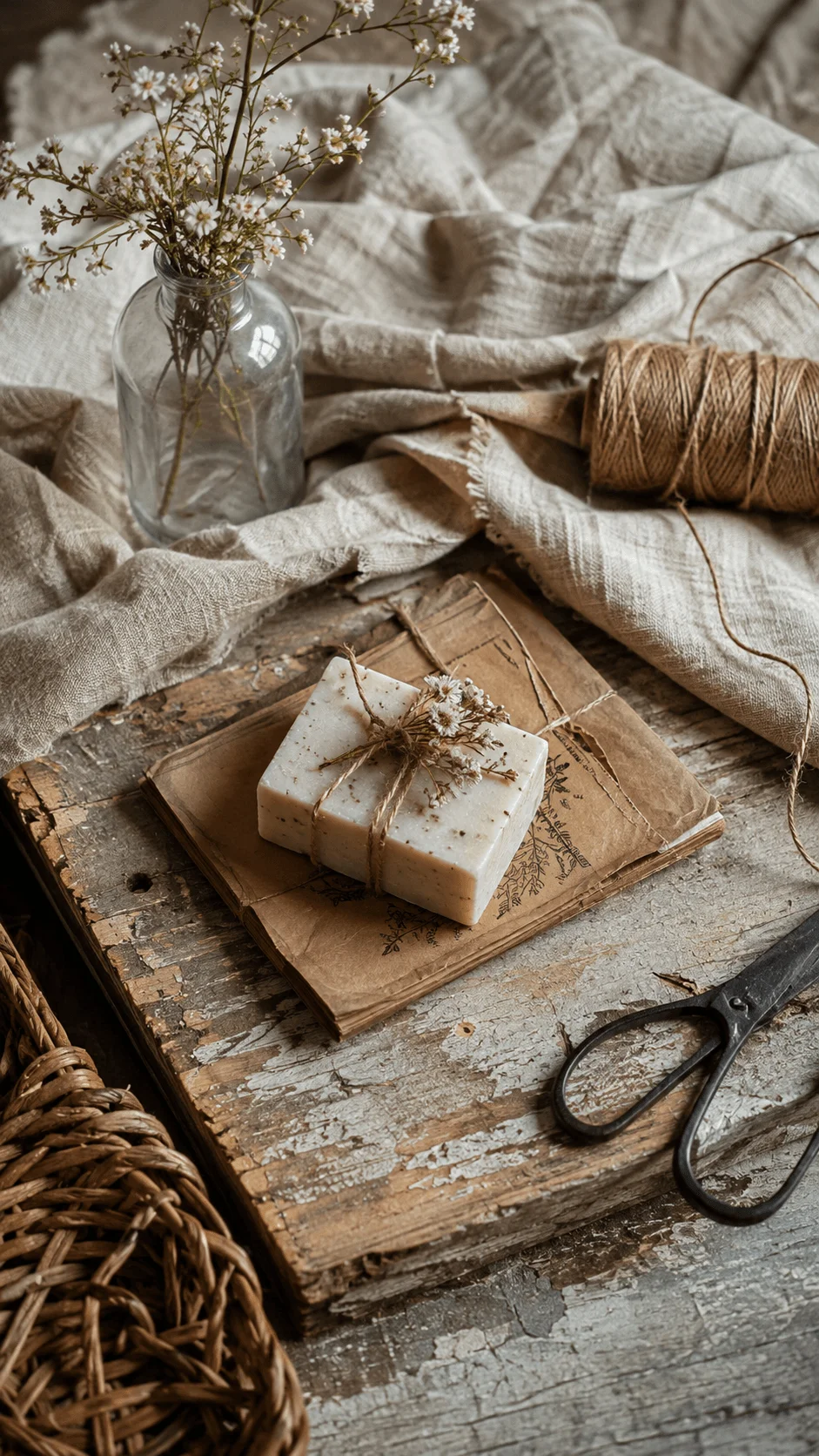 Upcycled Prop Photography featuring handmade soap wrapped in natural twine with dried flowers, vintage paper, linen fabric, a glass jar and rustic wooden textures