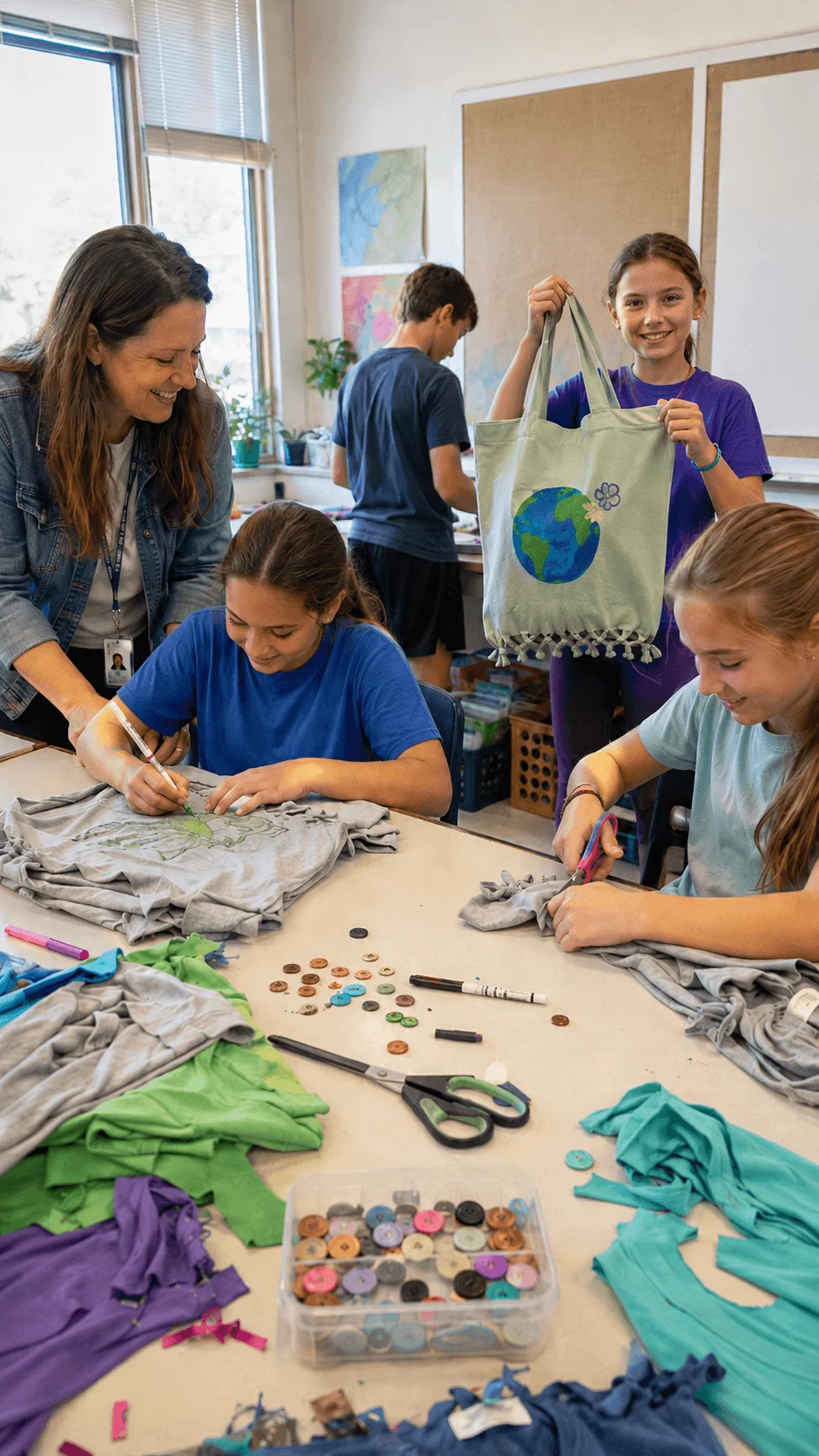 Students creating upcycled T shirt crafts and reusable tote bags with fabric scraps buttons and art supplies in a classroom
