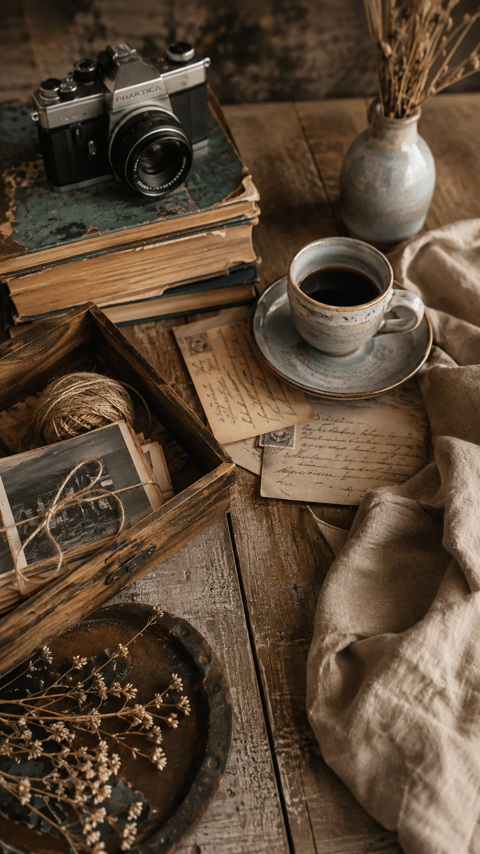 Upcycled vintage materials with old camera books wooden box handwritten letters ceramic cup and dried flowers arranged in a nostalgic sustainable photography setup