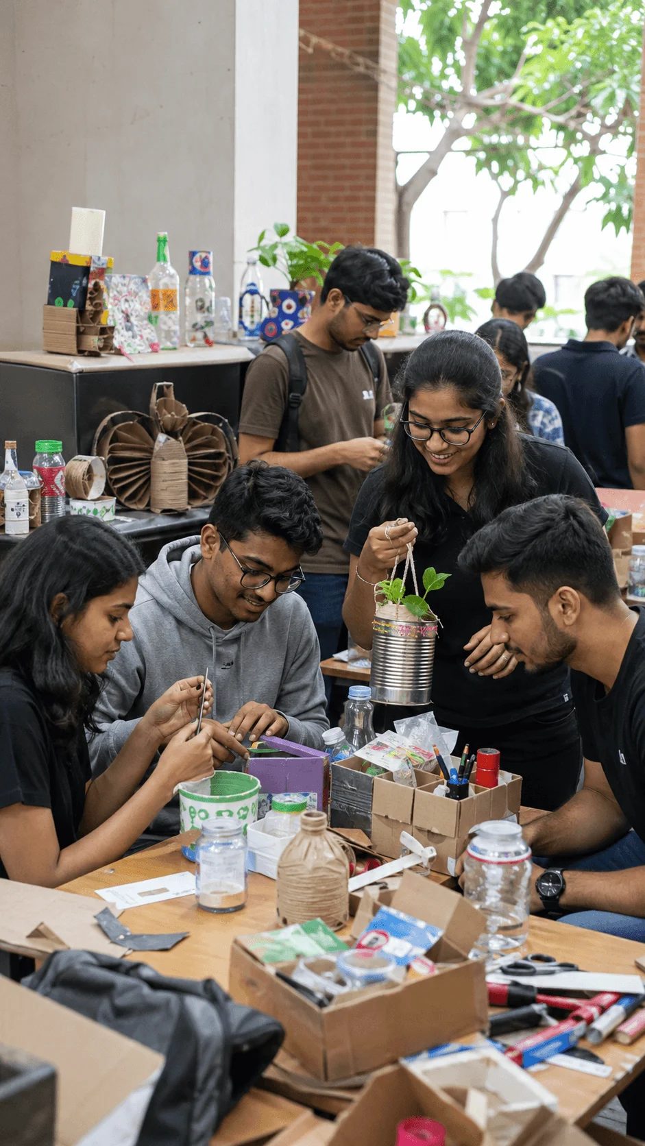 College students participating in an upcycling innovation challenge creating useful items from recycled cardboard bottles cans and other discarded materials
