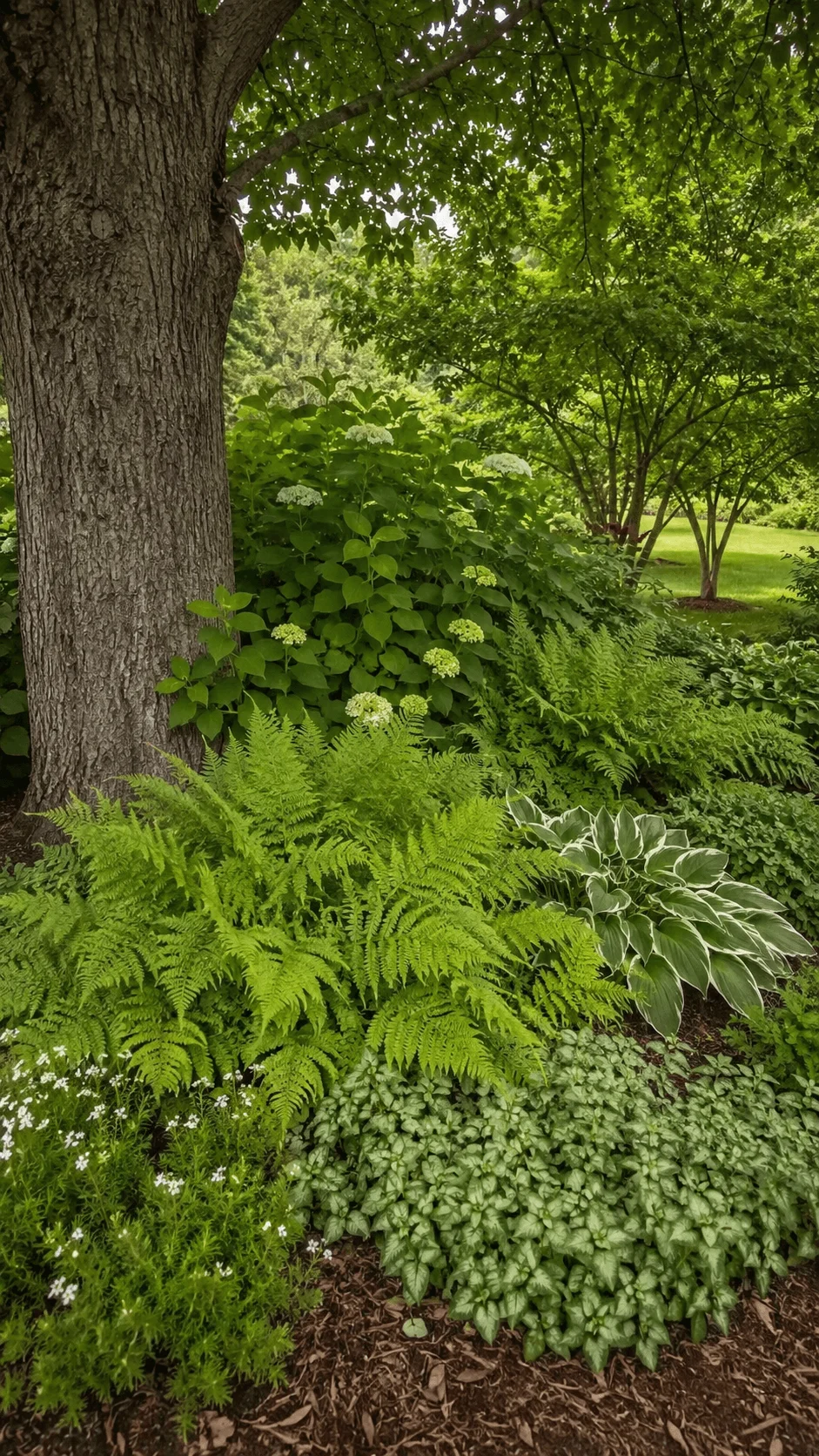 Layered planting around a mature tree with lush ferns hostas flowering shrubs and dense groundcover creating a natural forest garden effect