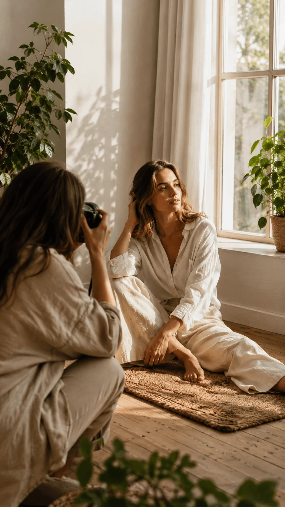 Woman posing by a sunlit window while a photographer takes her portrait in a plant filled room