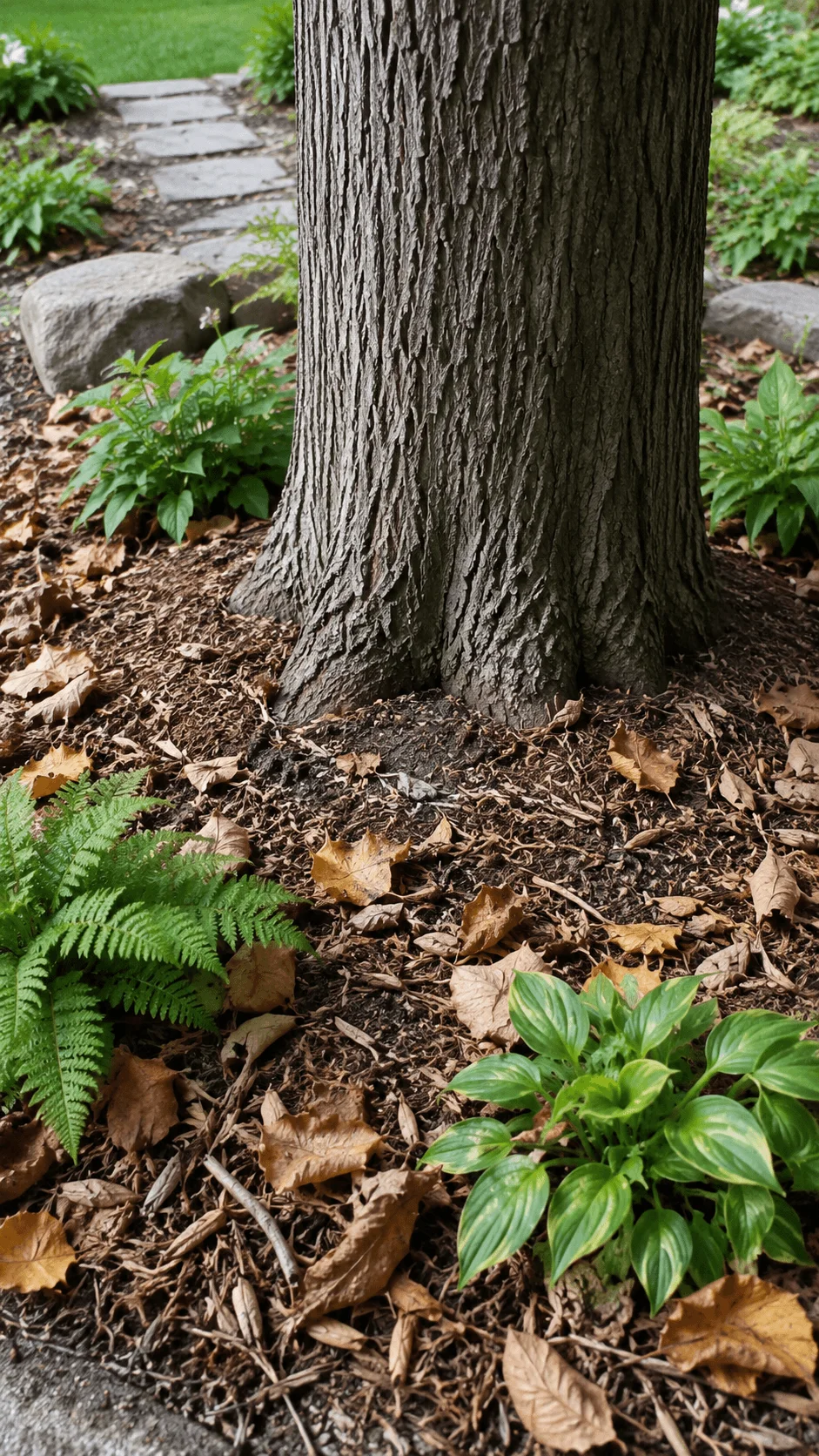 Organic mulch and fallen leaves around a mature tree with ferns hostas natural groundcover and exposed tree roots