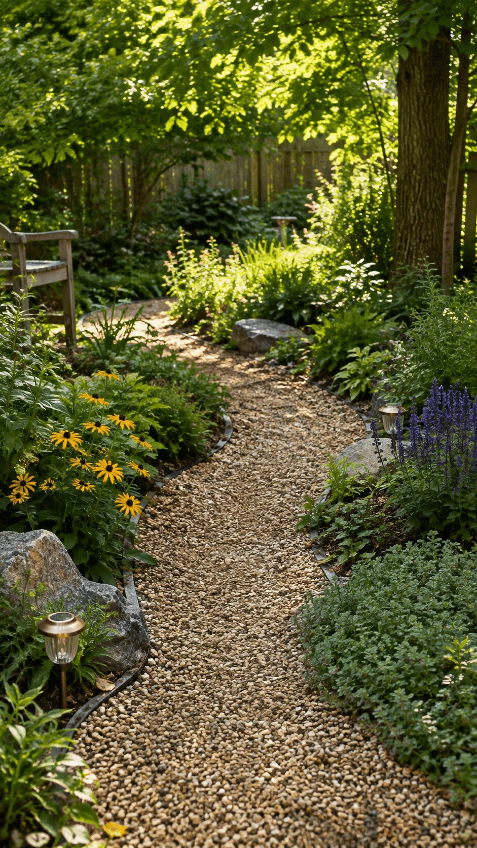 Permeable gravel garden path surrounded by lush greenery yellow flowers purple blooms natural rocks and solar garden lights