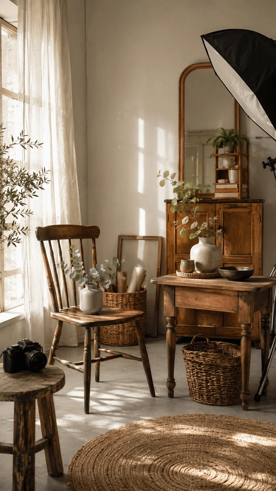 Secondhand wooden furniture photography studio with vintage chair, rustic table, woven baskets, ceramic decor, plants and natural window light