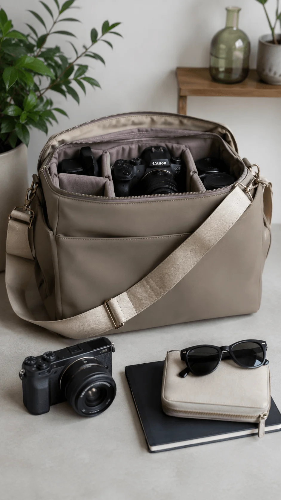 Vegan beige camera bag with organized compartments, camera gear, sunglasses and notebooks in a minimalist interior setting