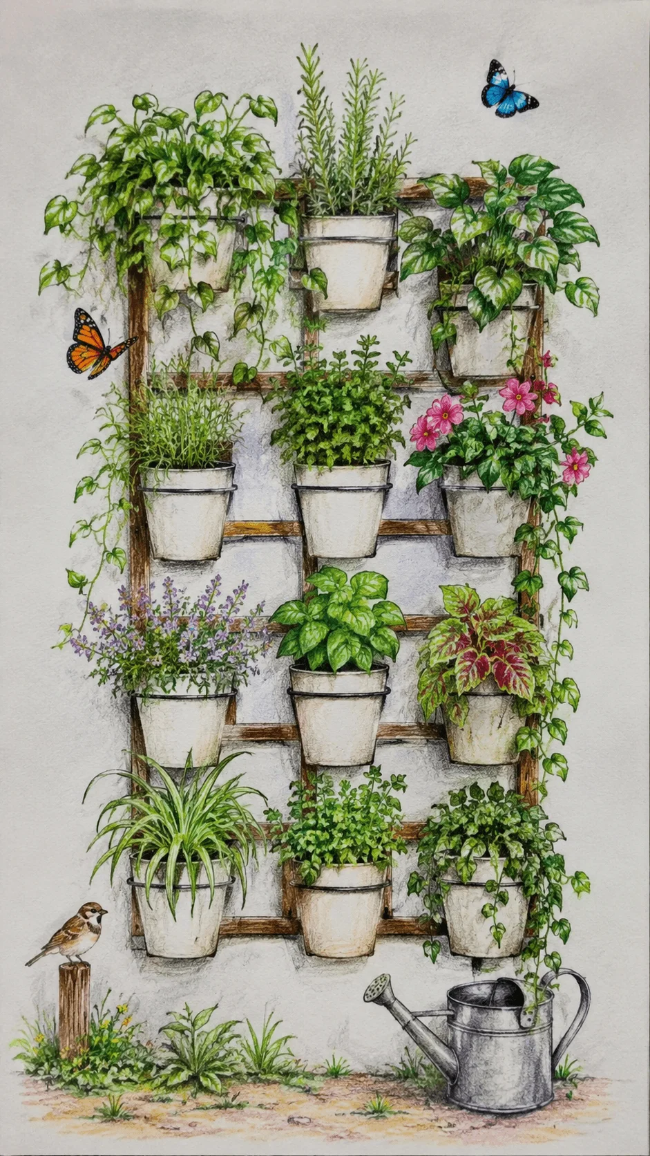 Vertical eco garden drawing with wall mounted pots filled with herbs flowers and trailing green plants with butterflies bird and watering can