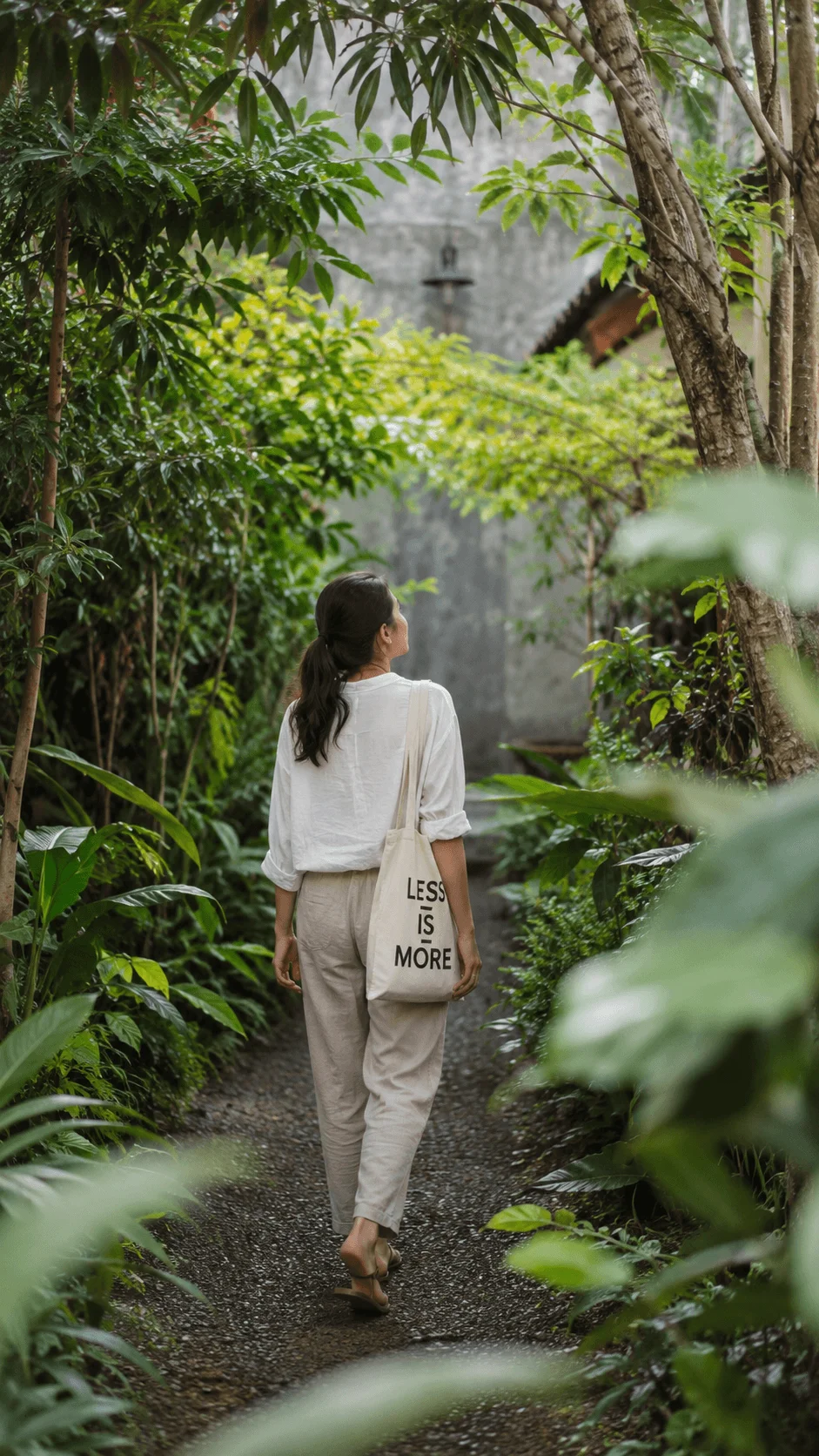 Woman walking through a lush garden carrying a reusable tote bag with a less is more message