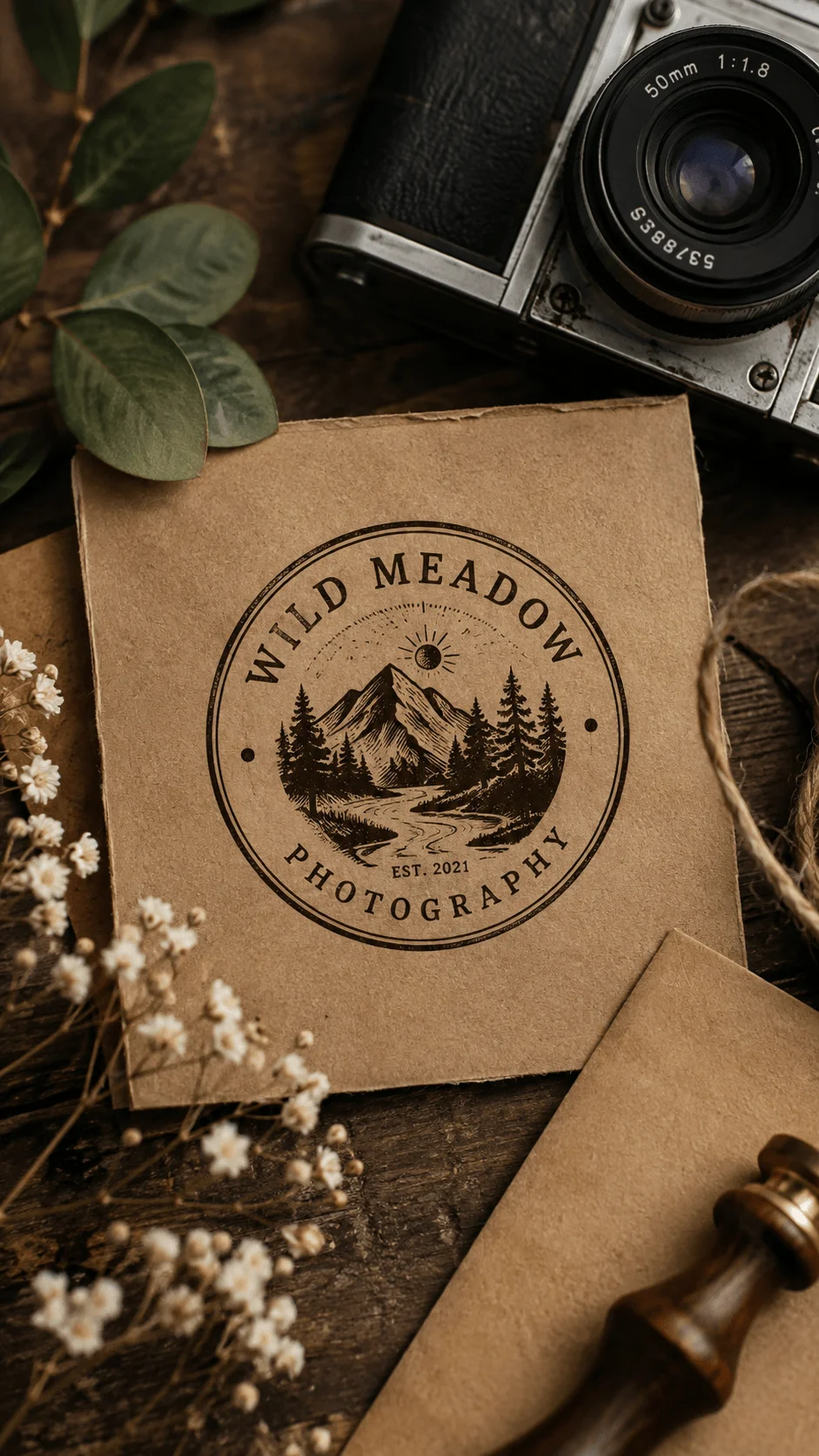 Vintage eco badge photography logo featuring mountains, pine trees, river landscape, and circular typography on recycled paper beside a vintage camera and dried flowers