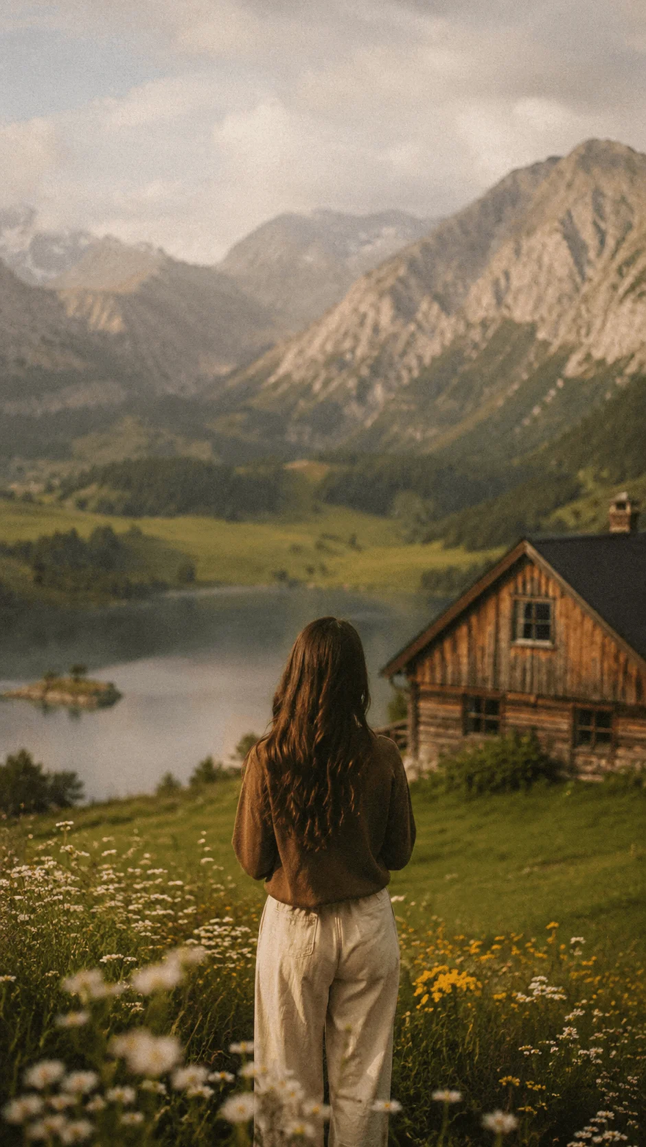 Vintage film style travel photography featuring a peaceful mountain lake rustic wooden cabin and wildflower meadow