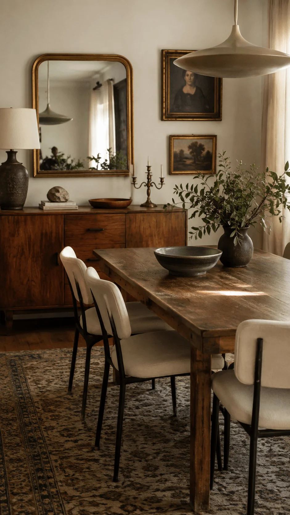 Vintage eco friendly dining room with reclaimed wood table upholstered chairs antique sideboard framed artwork mirror and natural greenery