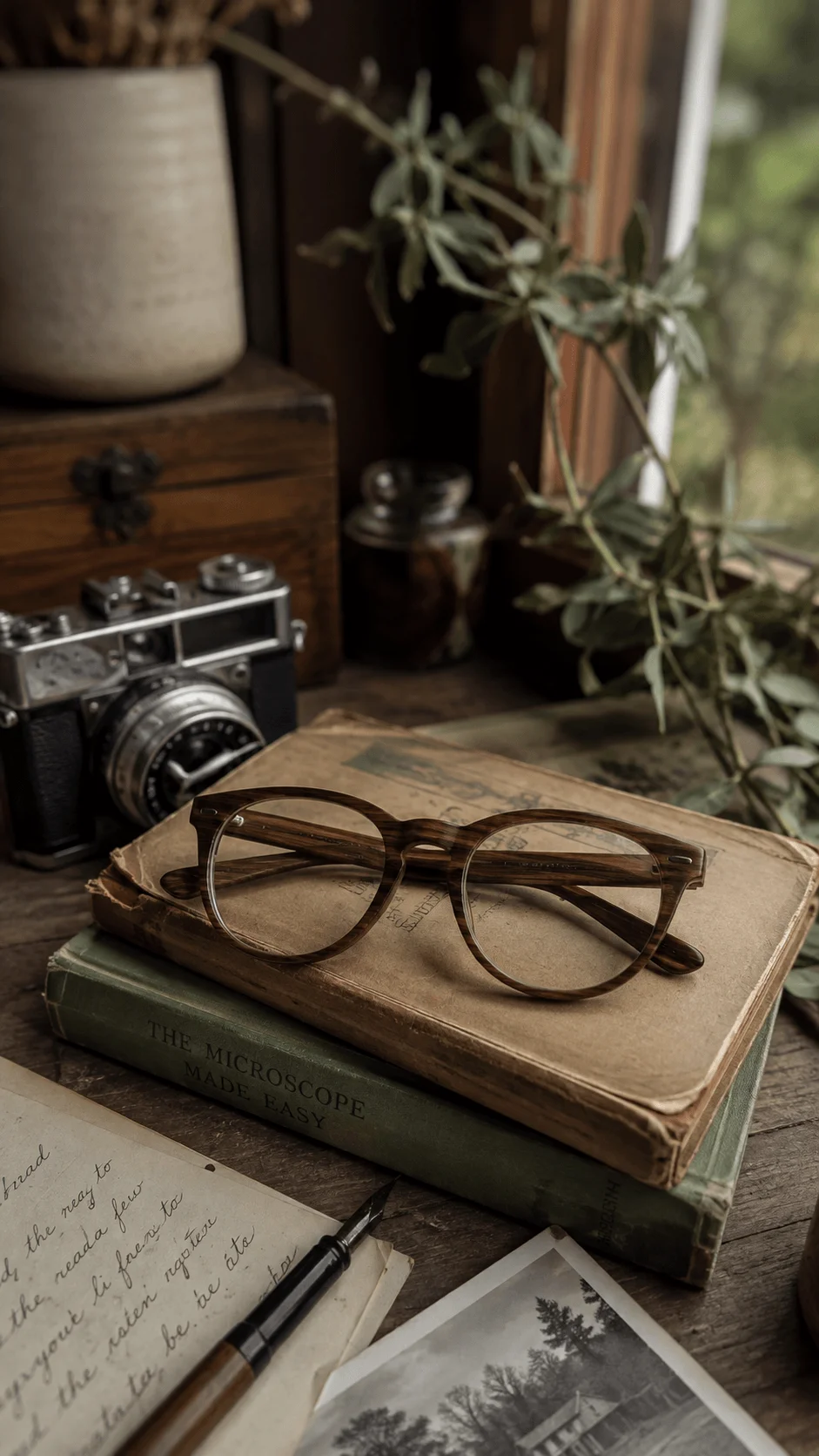 Vintage eco friendly glasses displayed on old books beside a vintage camera, plants, handwritten notes, and a warm rustic interior