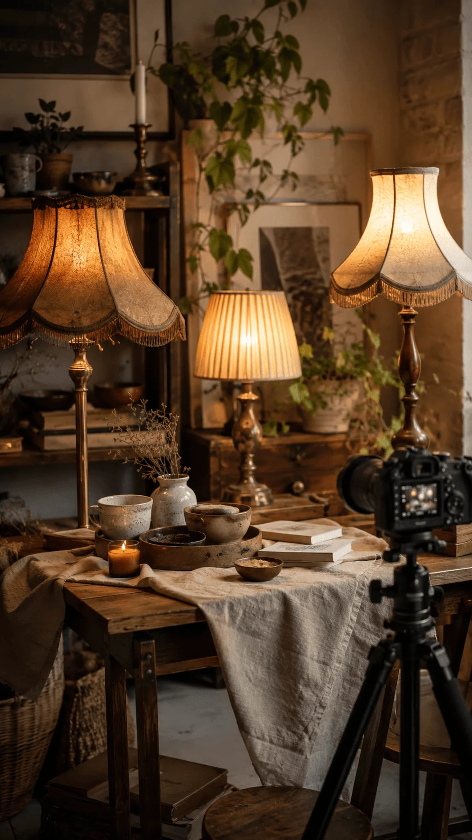 Vintage lamps and second hand lighting setup with antique table lamps camera tripod wooden furniture plants and warm cozy photography studio atmosphere