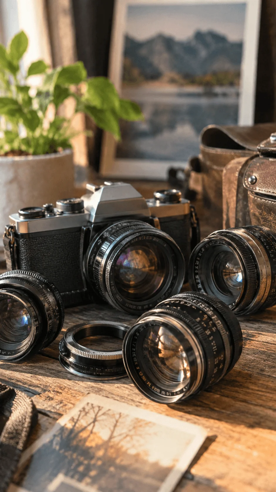 Vintage camera with vintage lenses arranged on a wooden table in warm natural light for sustainable aesthetic photography
