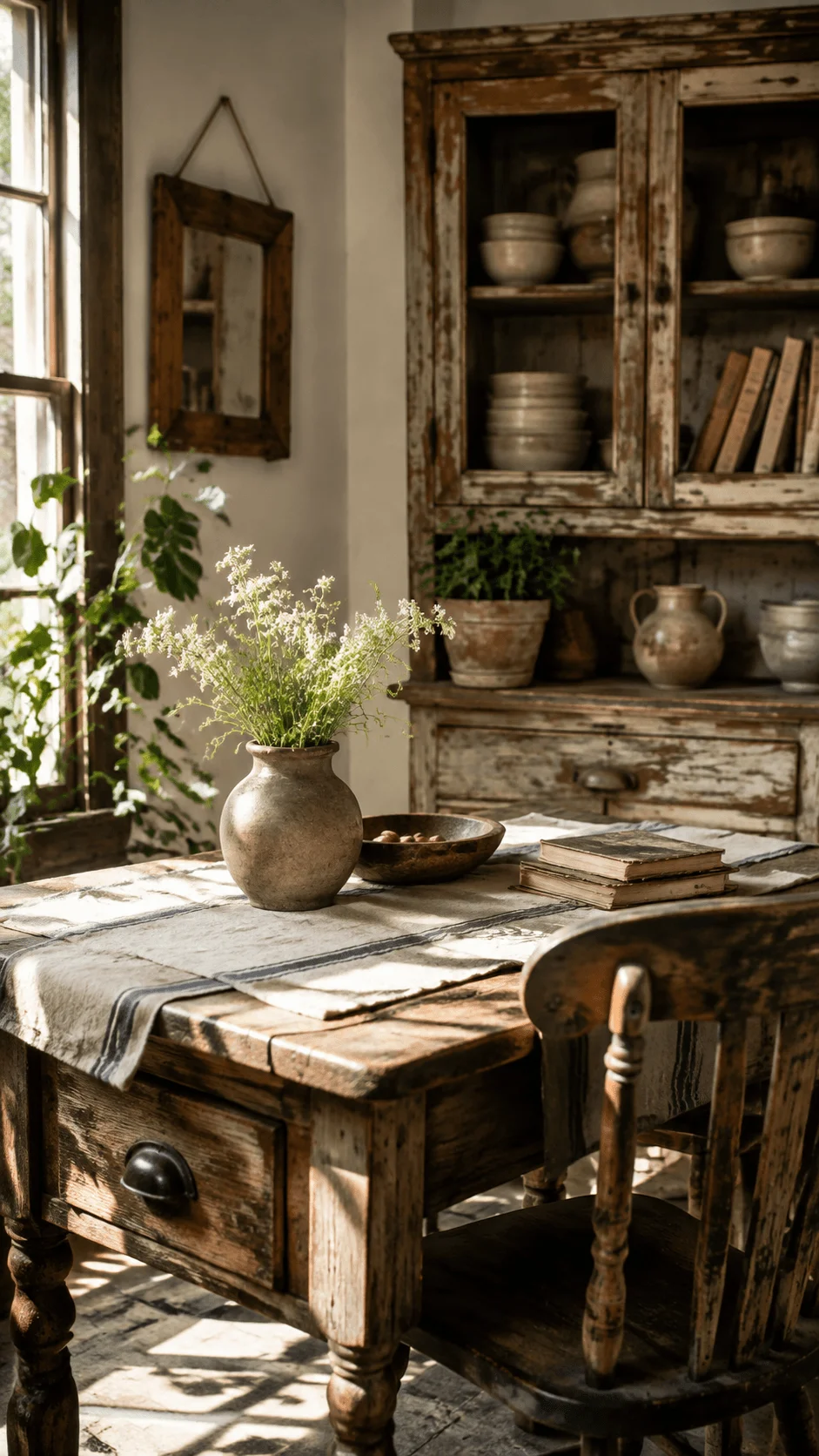 Vintage and reclaimed furniture interior with rustic wooden table ceramic vase old cabinet books and natural sunlight creating a sustainable aesthetic atmosphere