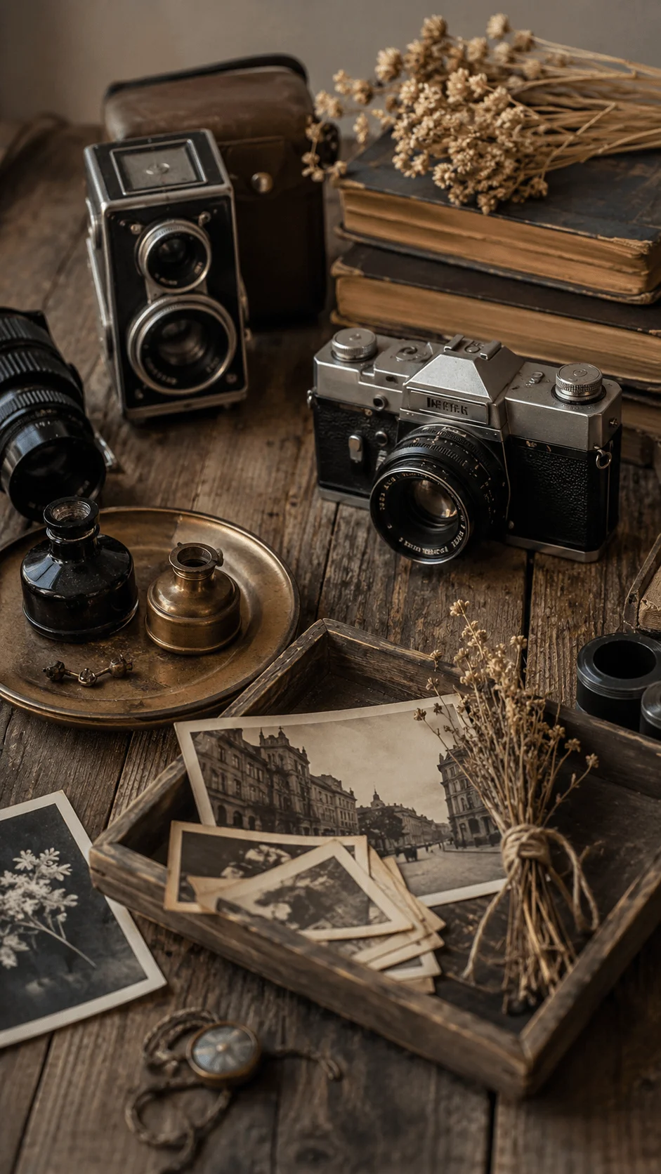 Vintage and second hand photography products with retro cameras, old lenses, vintage books, film photographs, dried flowers, and antique accessories on a rustic wooden table