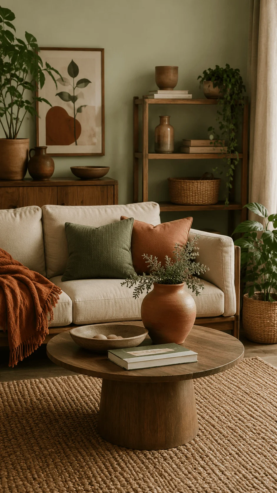 Warm earth tone decor for a sustainable home featuring natural wood furniture woven textures terracotta accents indoor plants and cozy neutral textiles