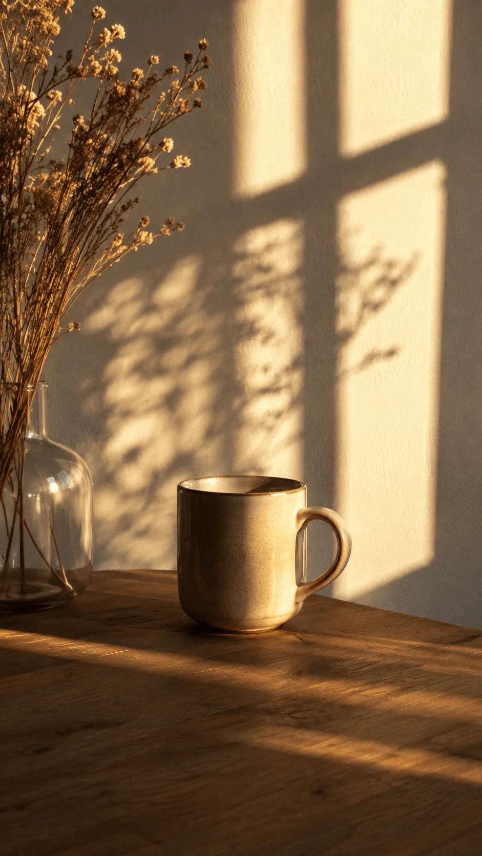 Warm golden hour sunlight illuminating a ceramic mug on a rustic wooden table with dried flowers in a glass vase and soft window shadows on the wall