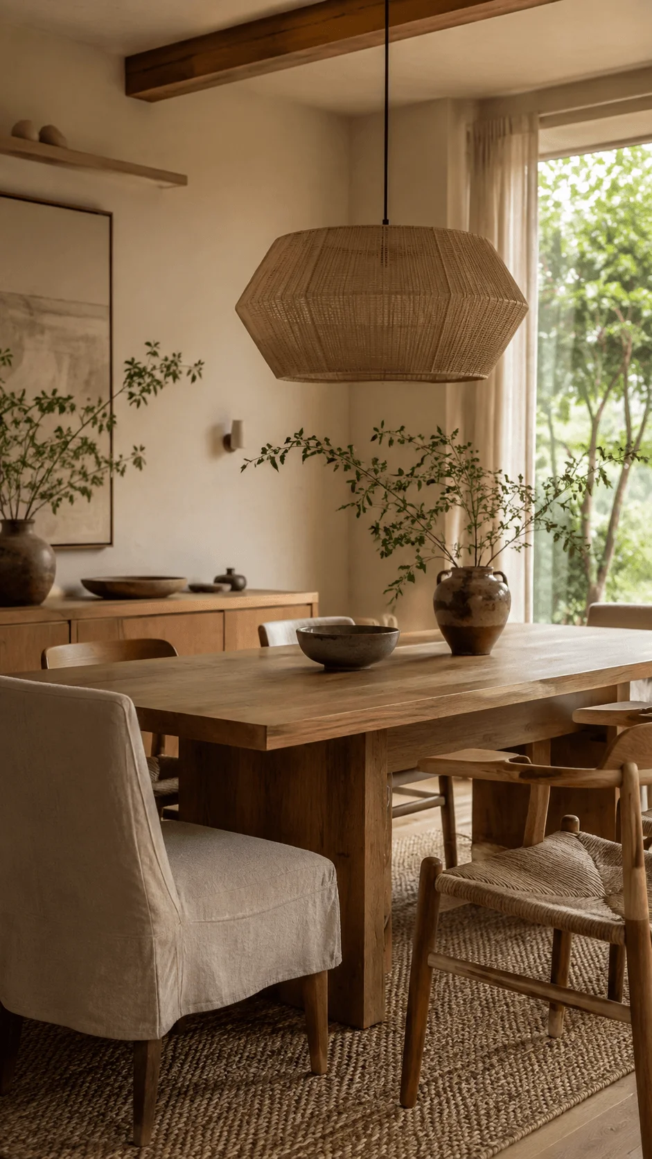 Warm Japandi eco friendly dining room with natural wood table woven chairs rattan pendant light neutral textiles and ceramic decor