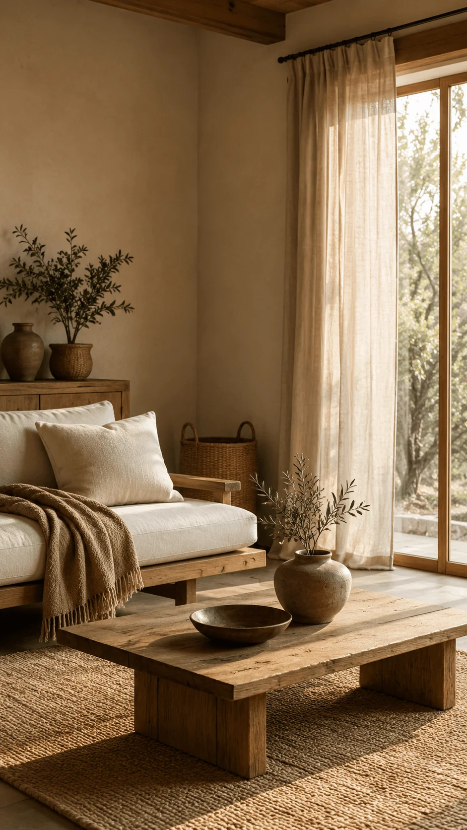 Warm minimalist sustainable interior with wooden furniture linen sofa natural textures ceramic decor and soft sunlight through large windows