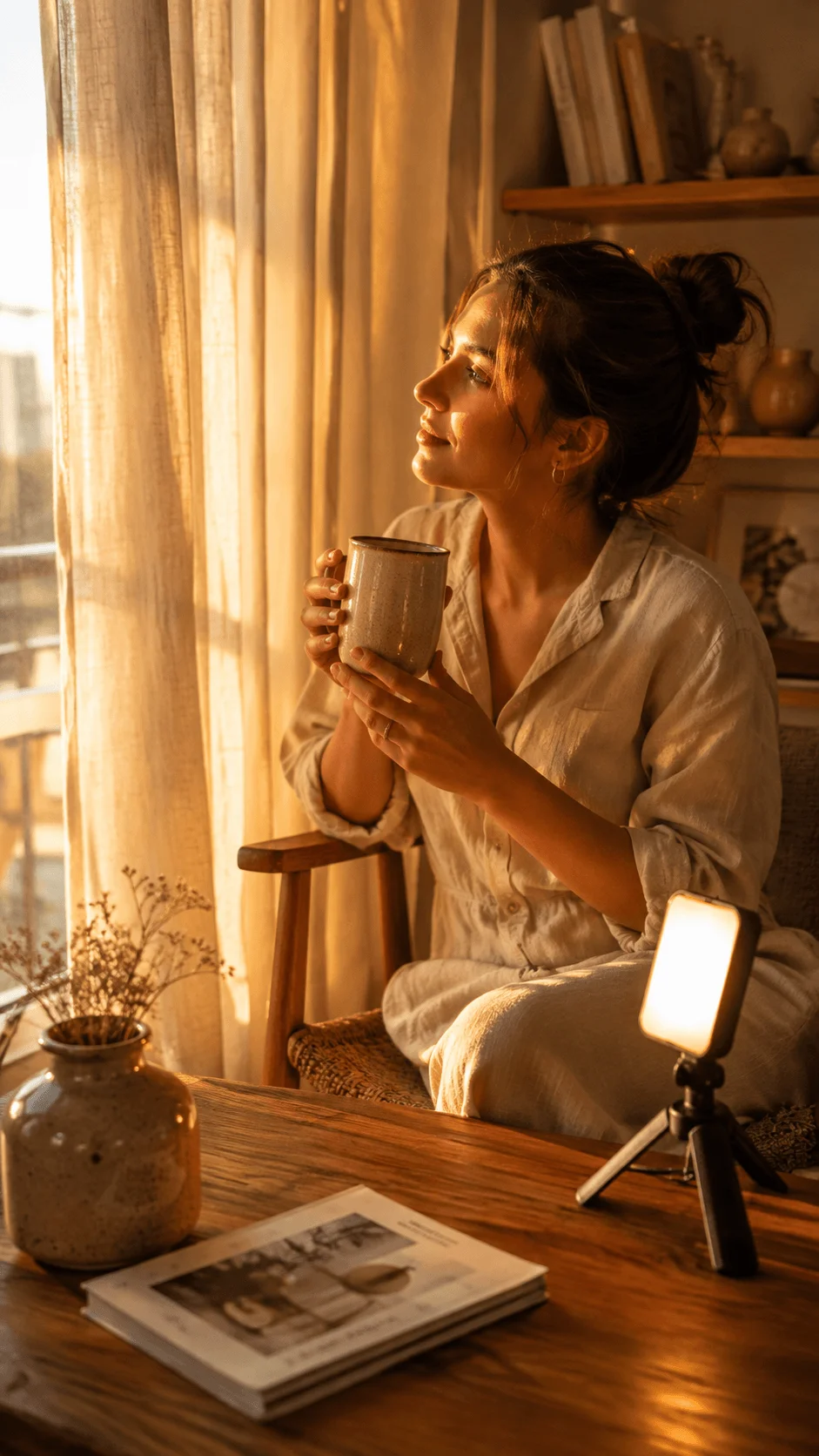 Warm sunset inspired photography scene with golden natural light woman relaxing by window ceramic mug wooden table and cozy sustainable interior styling