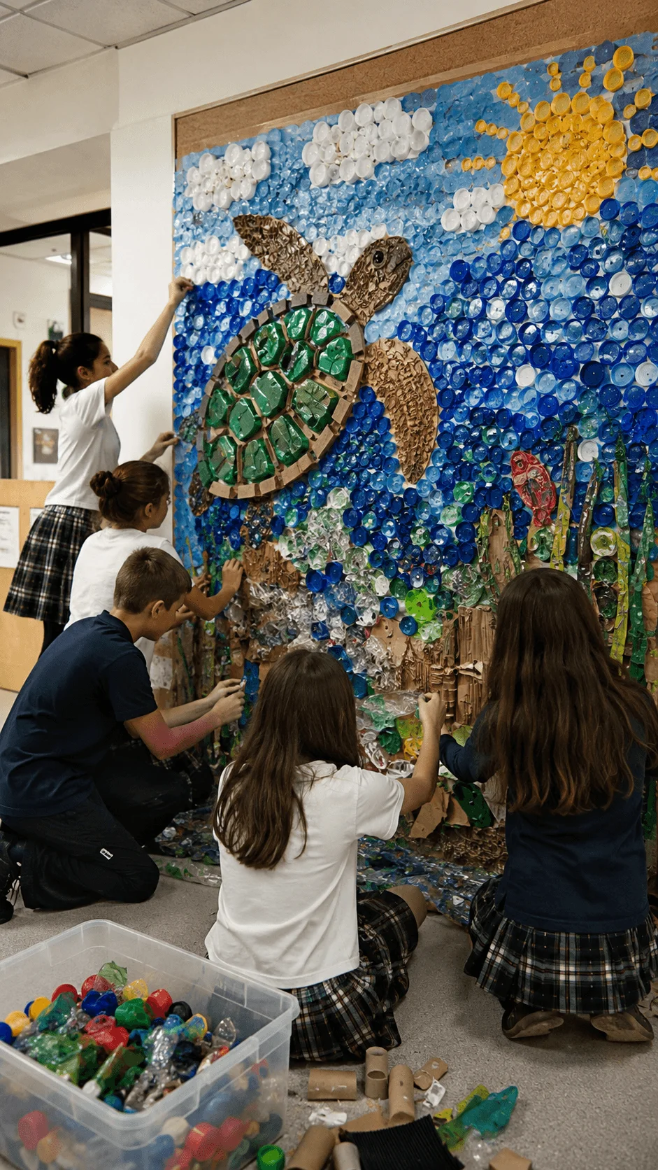 Students creating a large sea turtle mural from recycled plastic caps and other discarded materials as a school waste to art project