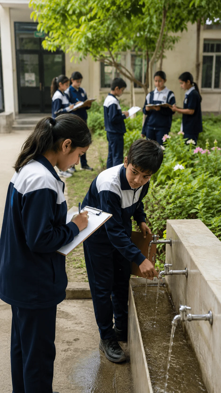 Students conducting a school water conservation investigation by checking outdoor taps and recording water use on clipboards