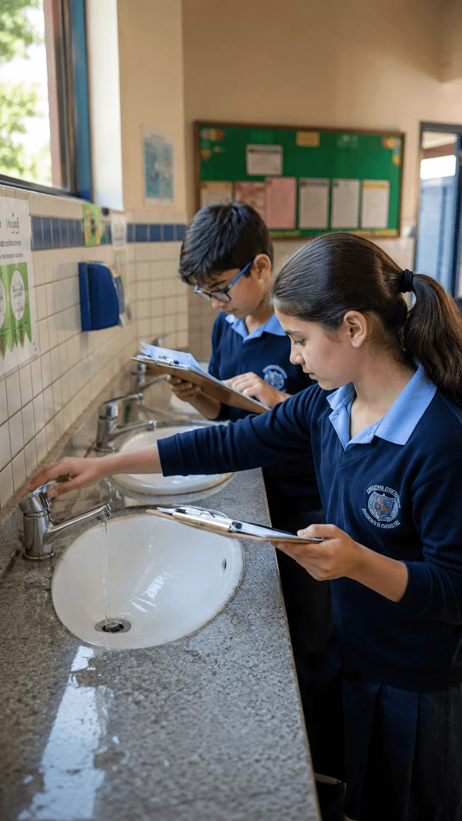 Students investigating water use by checking school faucets and recording observations on clipboards
