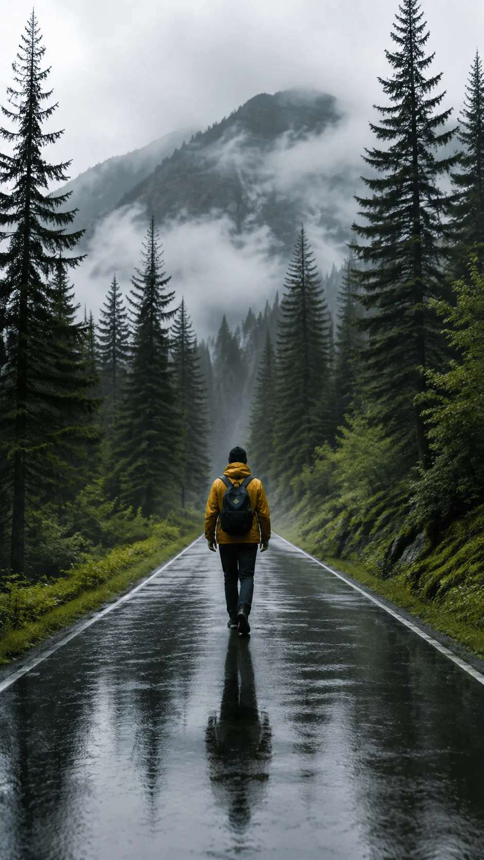 Weather driven outdoor photography of a person walking on a rainy forest road with misty mountains and cloudy atmosphere