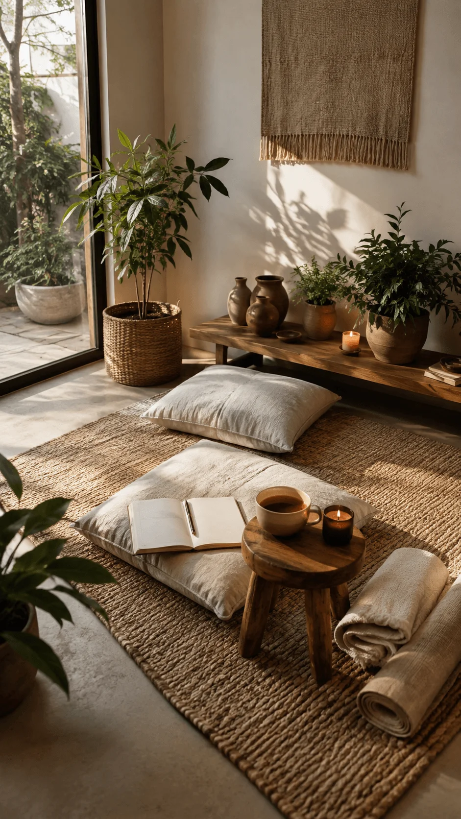 Wellness corner with meditation cushions wooden table plants candles journal and warm natural sunlight creating a peaceful sustainable home space