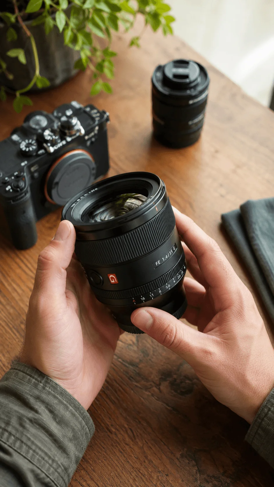 Person examining a premium camera lens beside a mirrorless camera and another lens on a wooden table with a green plant nearby