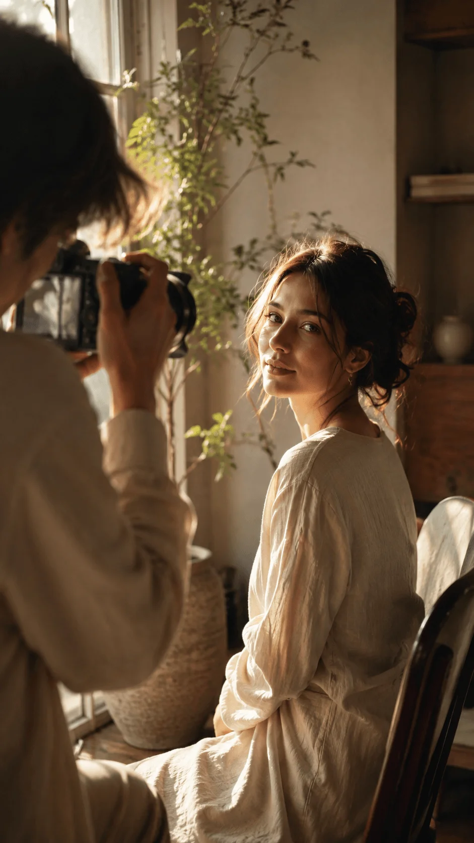 Photographer capturing a woman’s portrait in warm natural window light inside a calm plant filled room