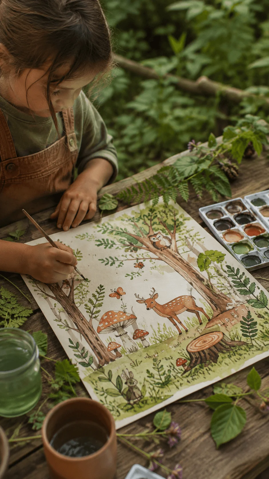 Wilderkind inspired nature painting for kids with a child creating a forest scene featuring trees deer mushrooms and woodland animals