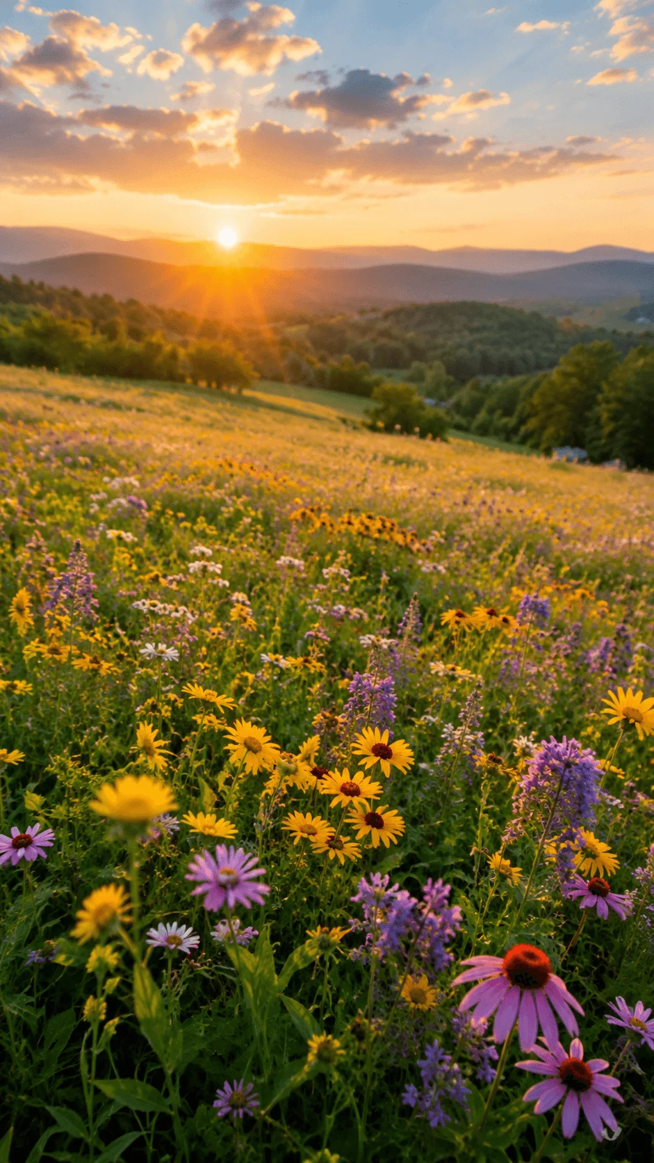 Colorful wildflower meadow glowing in golden sunset light with rolling green hills and distant mountains