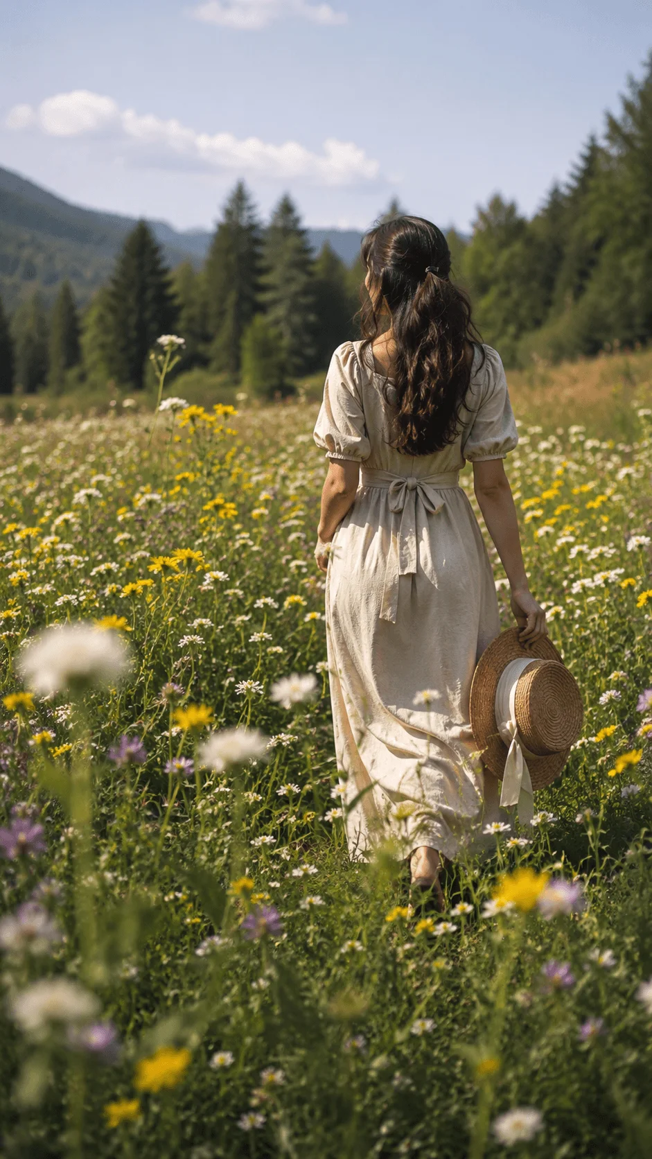 Woman walking through a colorful wildflower meadow in a natural summer dress while holding a straw hat with forested mountains in the background.