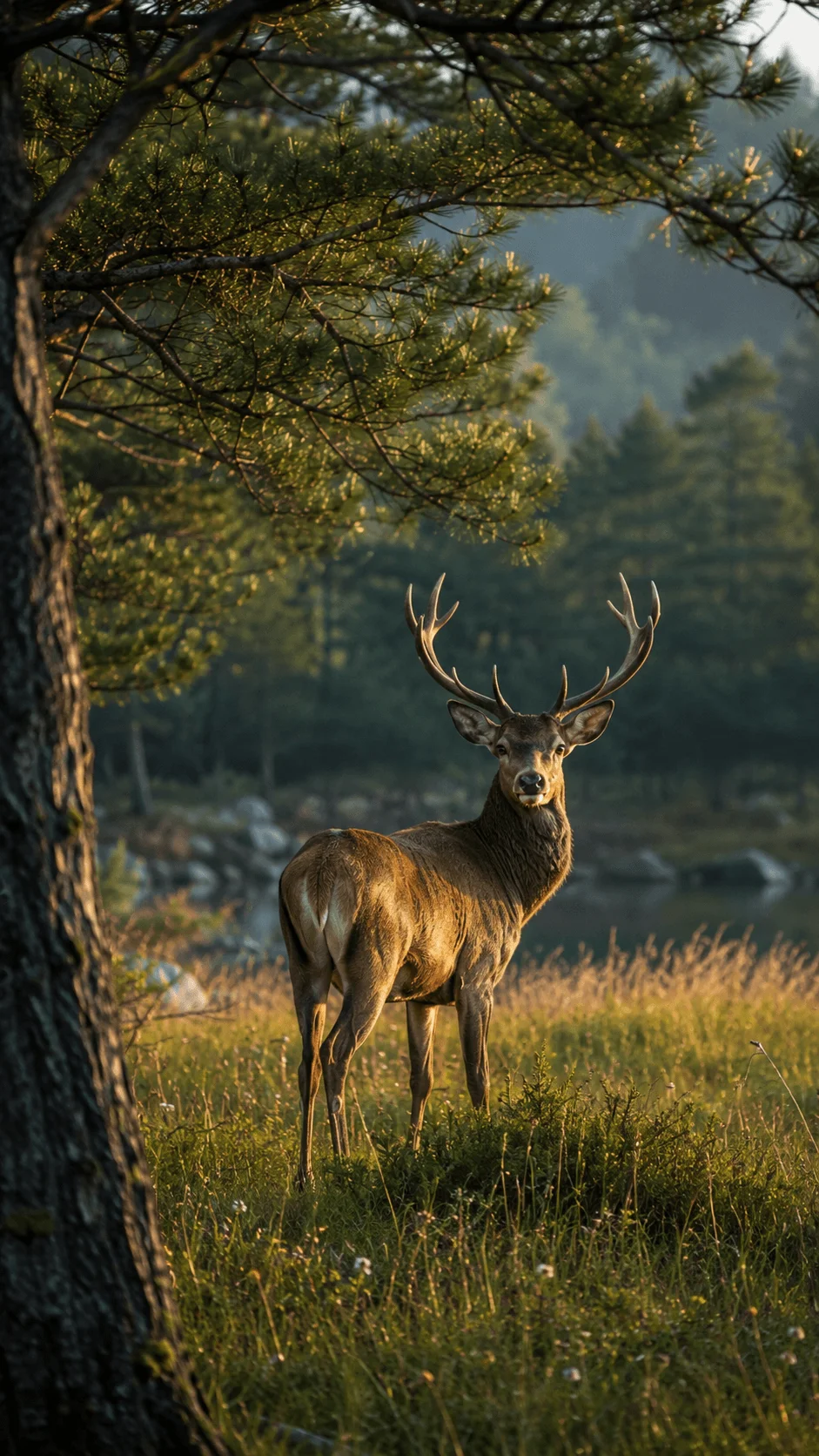 Wildlife conservation photography featuring a majestic deer standing in a peaceful forest meadow surrounded by pine trees in warm natural light