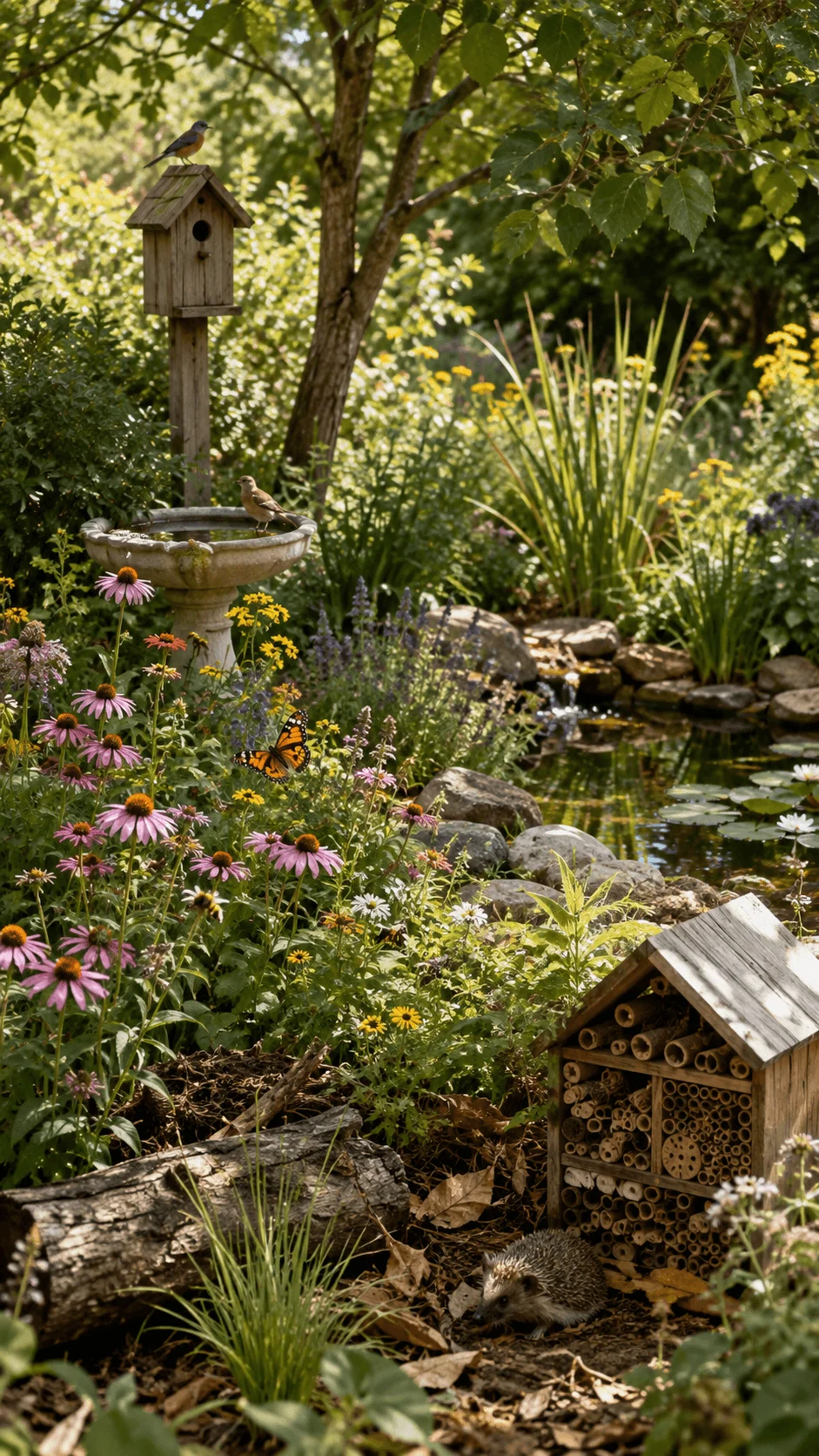 Wildlife friendly garden with colorful native flowers, butterflies, bees, birds, birdhouse, bird bath, pond, insect hotel and hedgehog among natural plants