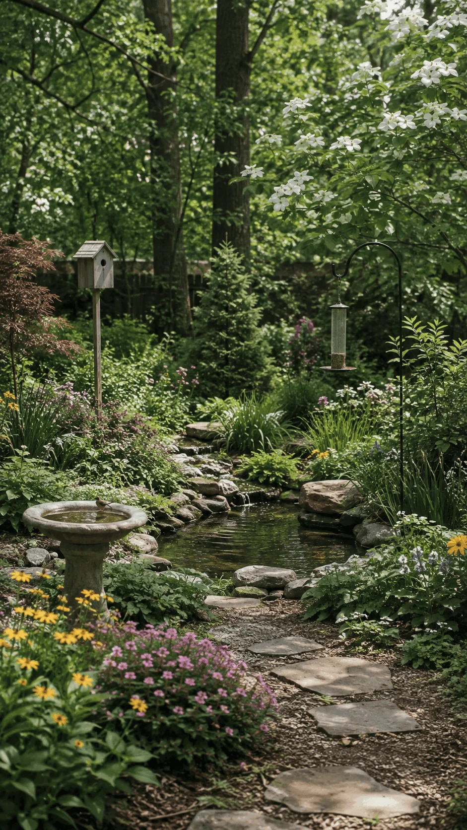Wildlife friendly garden landscaping with native flowers pond birdhouse bird feeder birdbath trees and layered planting