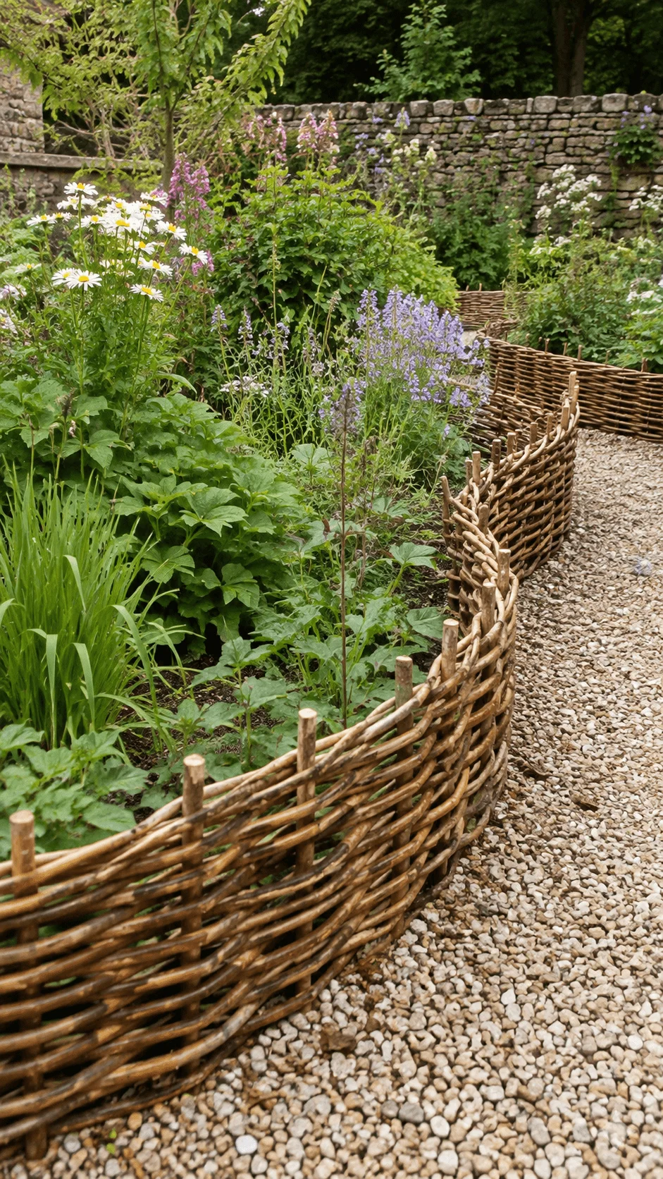 Woven willow garden border with lush green plants white daisies purple flowers and a curved gravel pathway