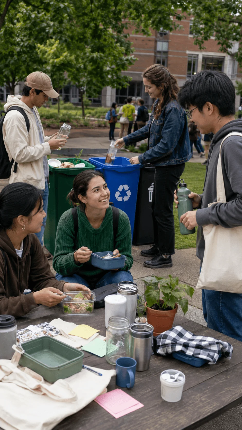 College students participating in a zero waste campus challenge using reusable containers recycling bins water bottles and sustainable everyday items