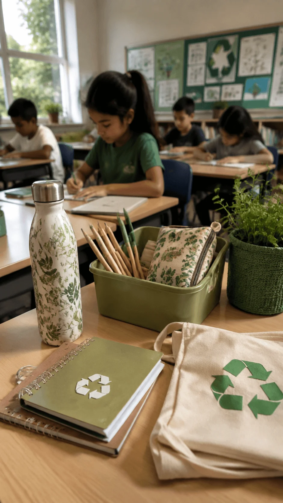 Students using zero waste classroom supplies with reusable bottles recycled notebooks and eco friendly stationery on desks