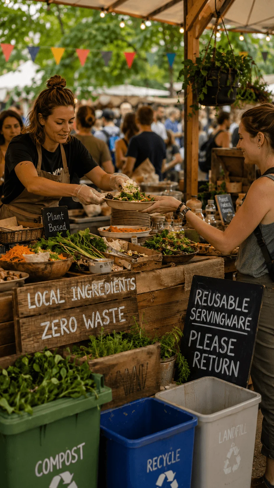 Zero waste festival food hub serving plant based meals with local ingredients reusable servingware compost and recycling bins