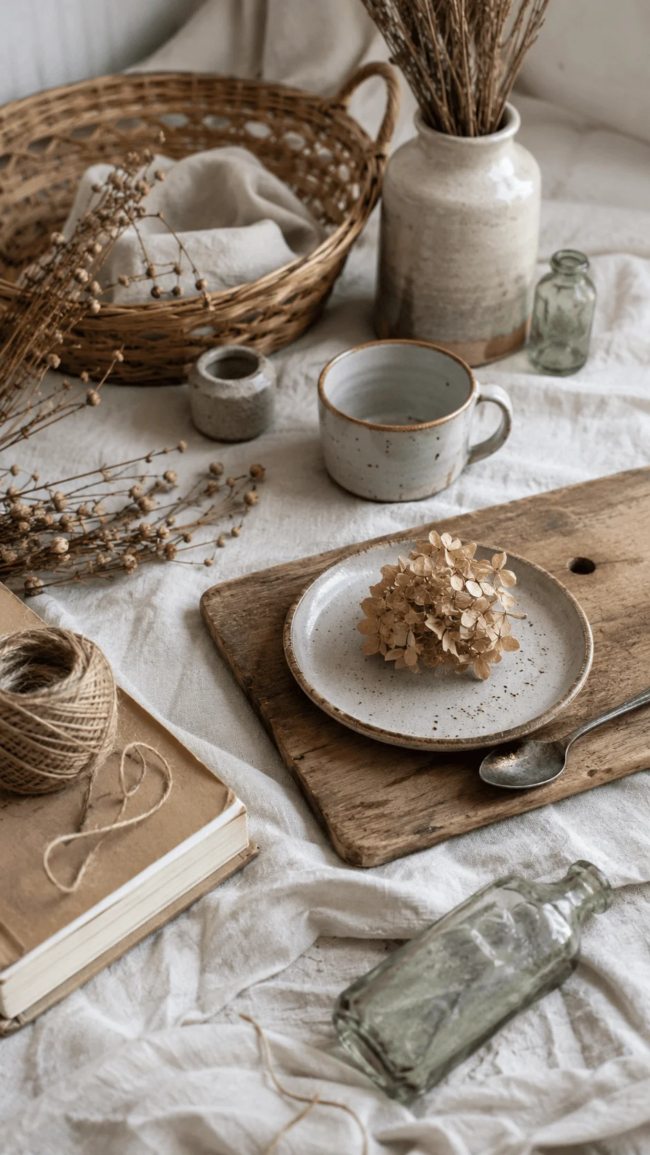 Zero waste photography styling with reusable glass bottles, ceramic tableware, dried flowers, natural linen, wicker basket, twine, and rustic wooden accessories.