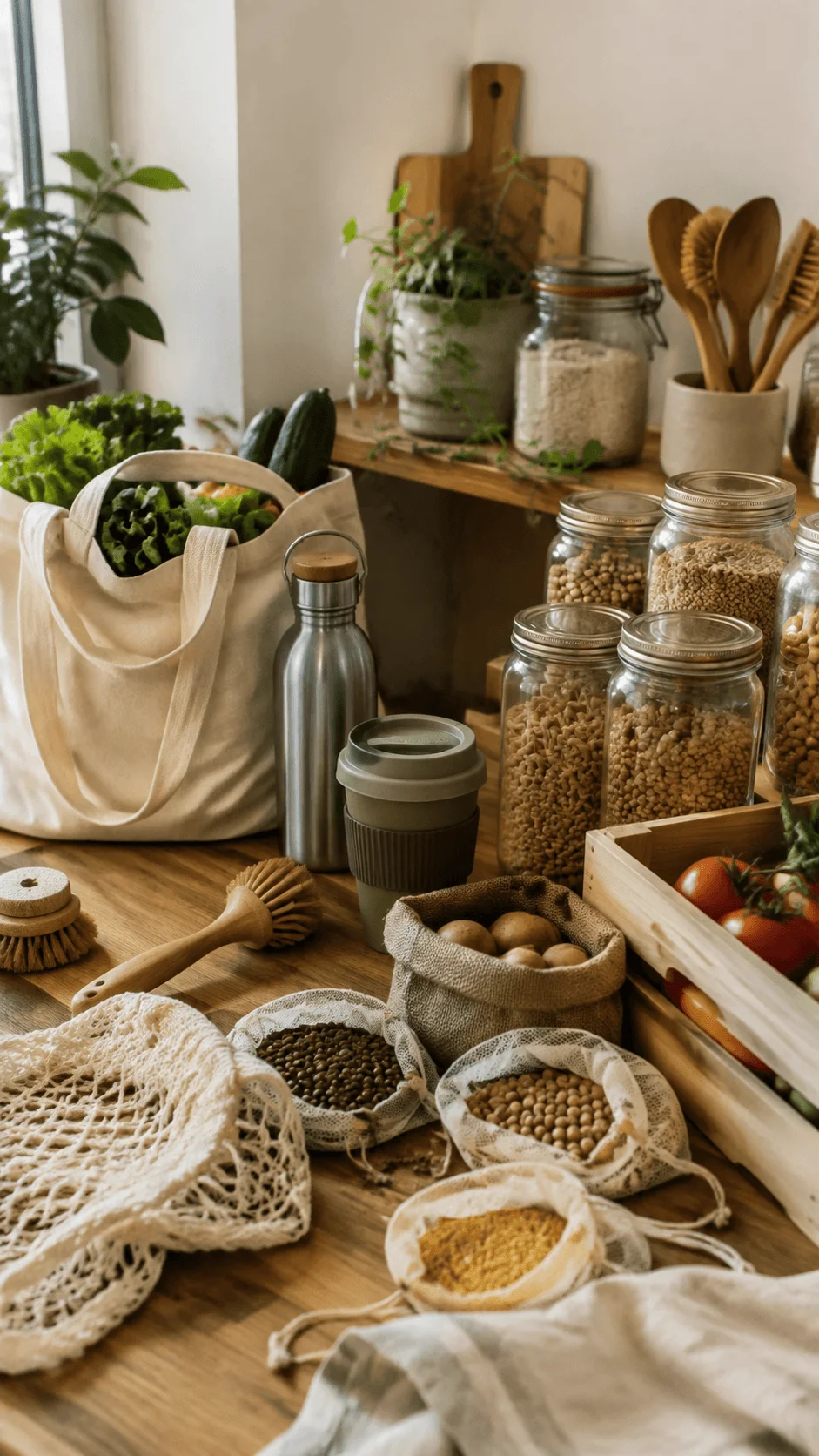 Zero waste lifestyle photography featuring reusable containers, glass jars, cloth bags, fresh vegetables, bamboo utensils and sustainable kitchen items arranged in a natural eco friendly home setting