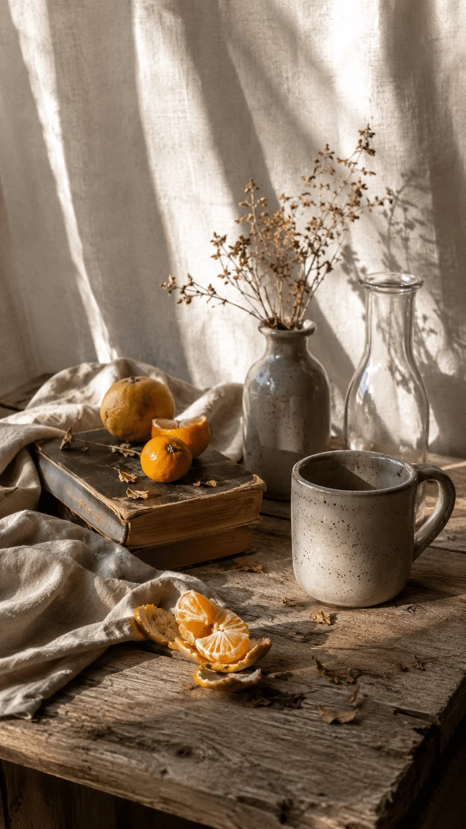 Zero waste still life with oranges, a ceramic mug, vintage books, dried flowers, and reusable glassware on a rustic wooden table bathed in natural sunlight